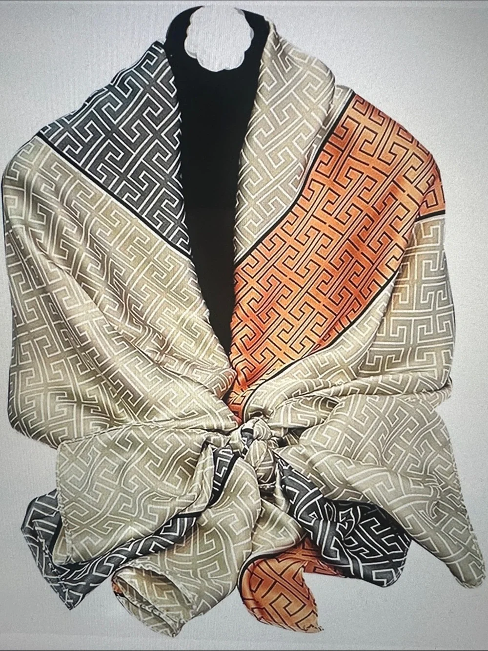Geometric Pattern Silk-Look Wrap Scarf in Cream, Black & Orange